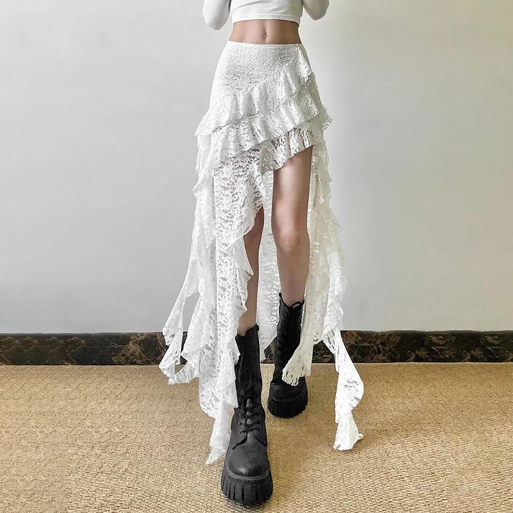 

Летний тренд Повседневные Узкие универсальные низы Кисточки Женские юбки Неровный подол Многослойные оборки Кружевные лоскутные милые юбки L белый