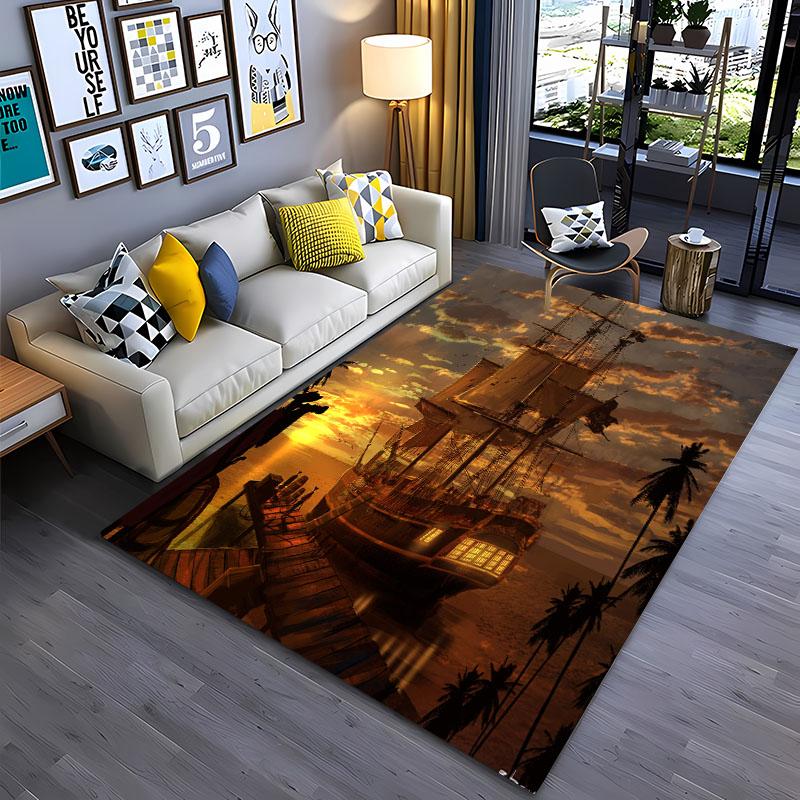 3D Pirate Ship Boat, Large Area Carpets for Home Living Room  Children's Bedroom Sofa Doormat Kitchen Floor Rugs Anti-slip Decor