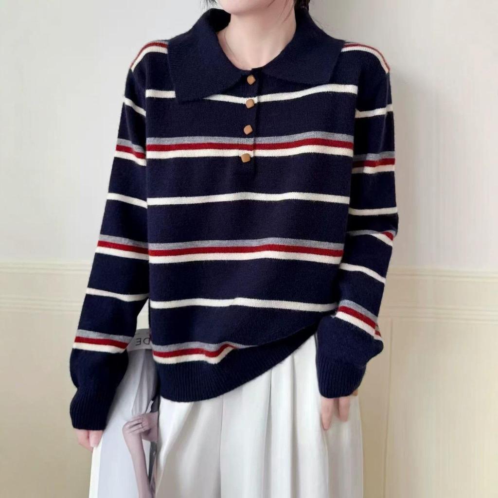 Women's Korean-Style Color Block Striped Knit Pullover Sweater: 2026 Autumn/Winter Casual Layered Top.