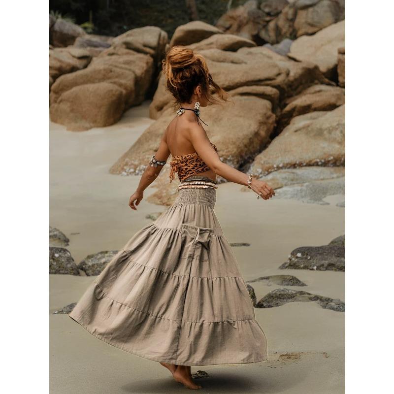 Tiered A Line Skirt Women Forest Fairy Pockets Patchwork Long Dress Elastic Waist Vintage Hippie Gypsy Maxi Skirt