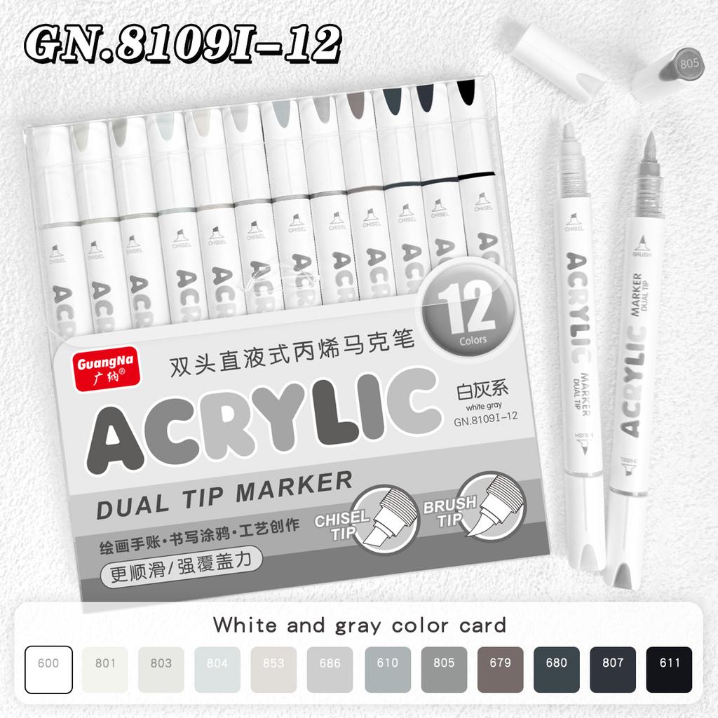 12Pcs GuangNa Acrylic Brush Markers Set, Assorted Pro Color Series Automatic Ink Control System Art Markers Set School Supplies