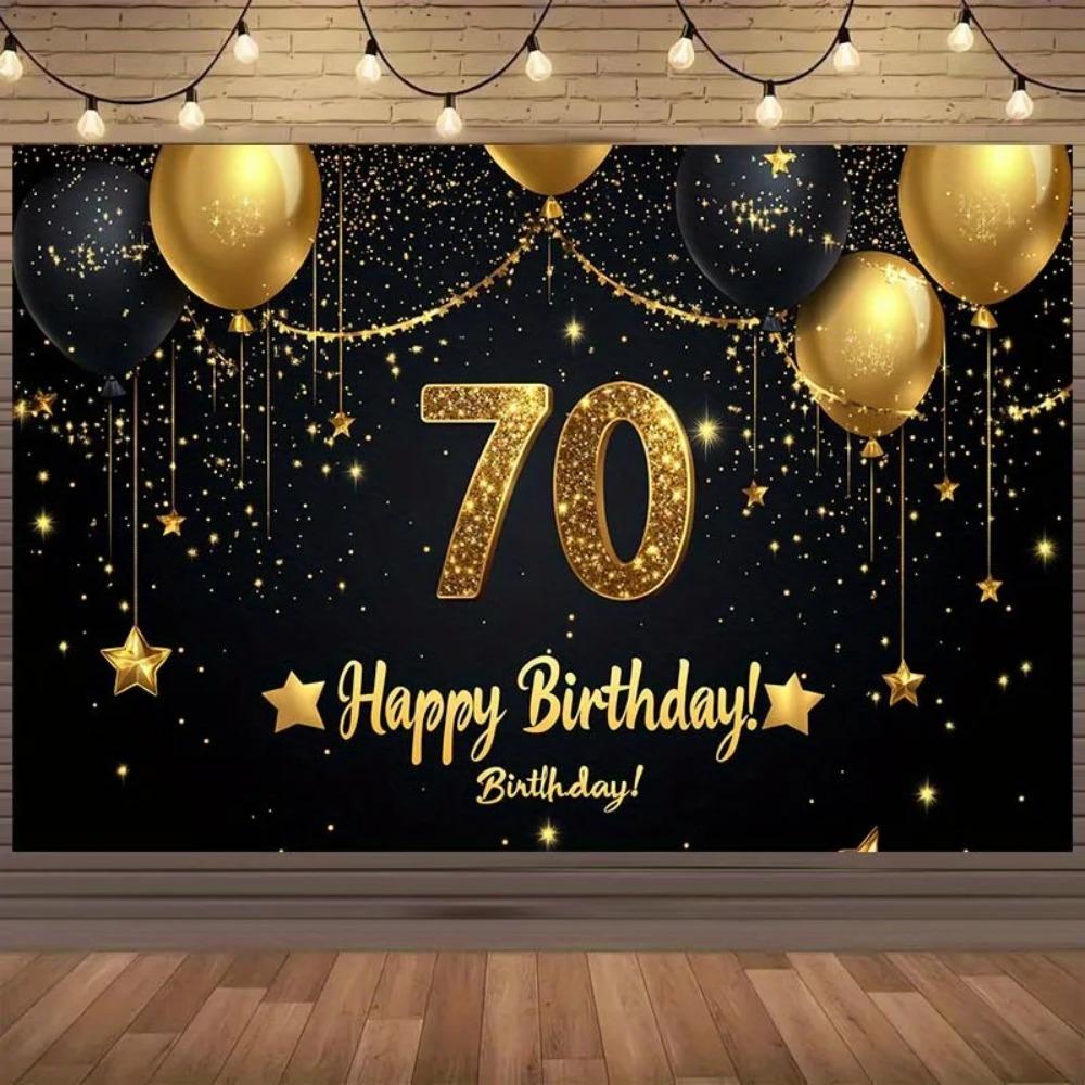 Elegantes 70. Geburtstagsparty-Banner Hintergrundstoff Schwarz und Gold Ballon-Thema Geburtstagsdekoration Foto-Requisite Hintergrund