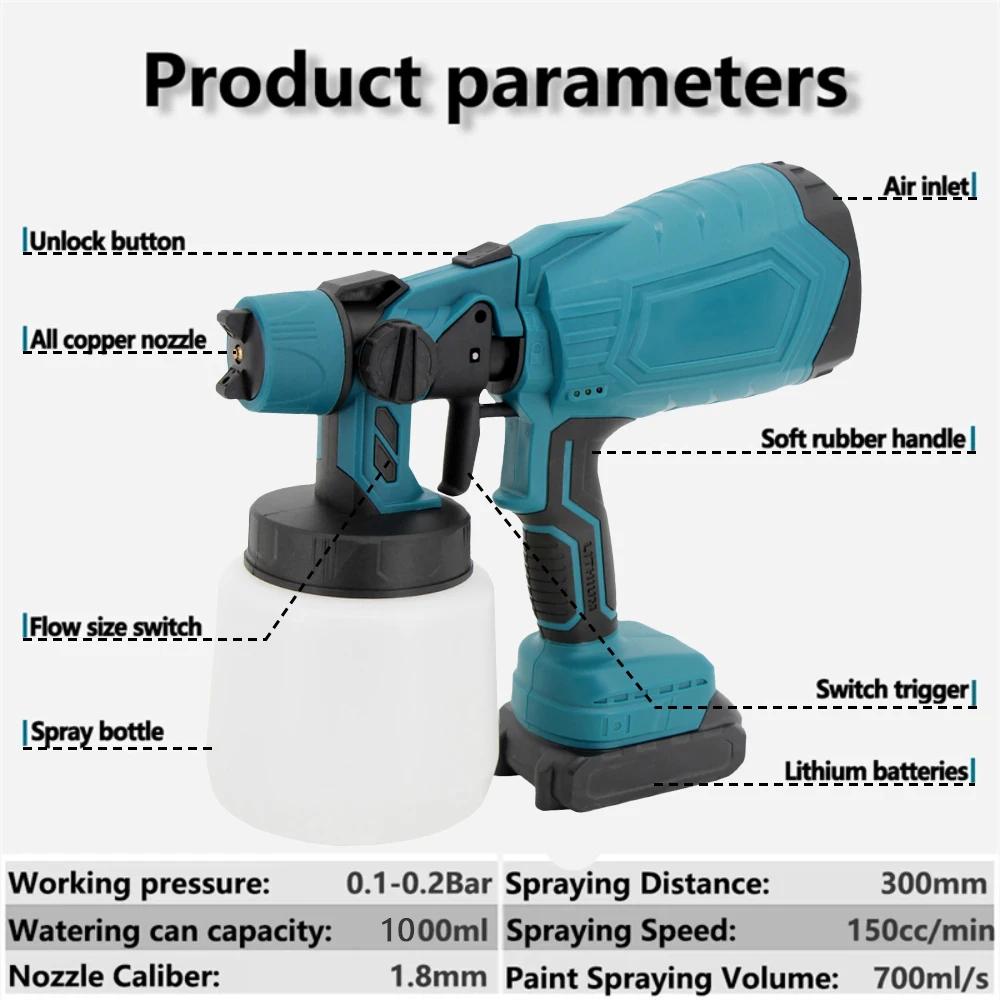 1000ML Cordless Electric Spray Gun High Power HVLP Paint Sprayer Auto Furniture Steel Coating Airbrush for Makita 18V Battery