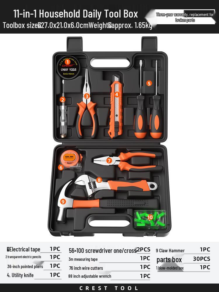 Household Repair Tool Set - Includes Pliers, Hammer, Wrench, and Combination Box