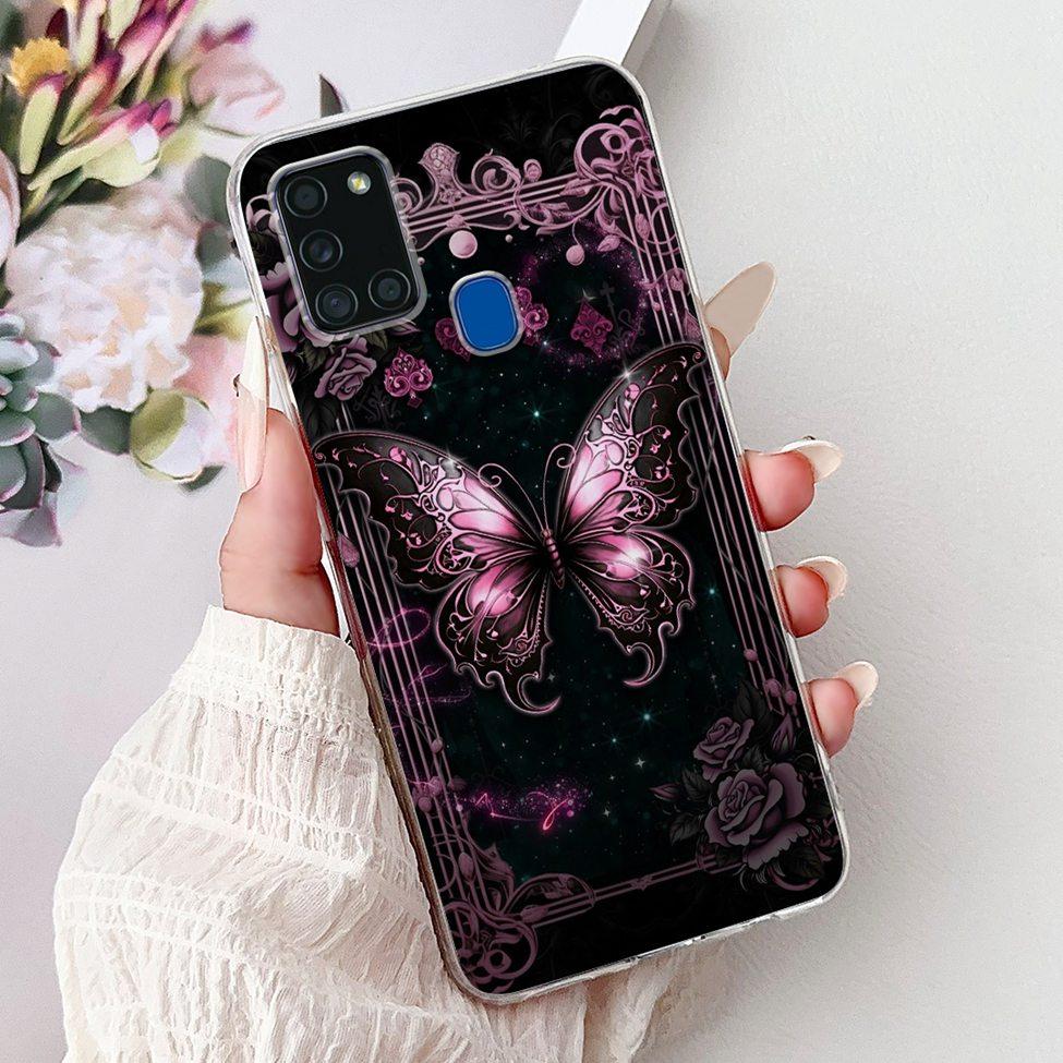 Clear For Samsung A21s SM-A217F SM-A217M Cover For Samsung Galaxy A21s Case Cute Luxury Butterfly Love Flowers Cool Painted
