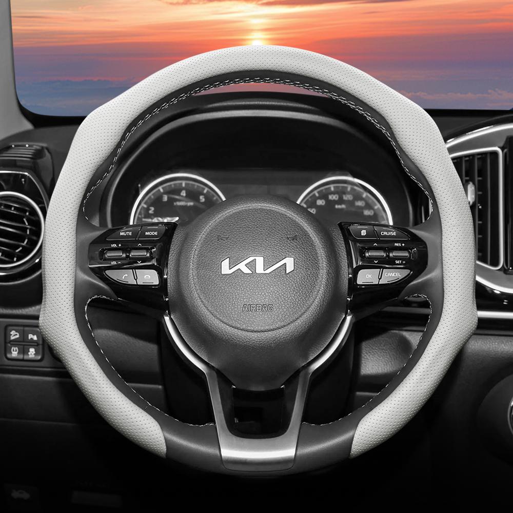Suitable for Kia Perforated Leather Steering Wheel Cover, Non-Slip, Sweat-Absorbent, Breathable, Integrated Protective Case Sportage K5 Seltos Forte