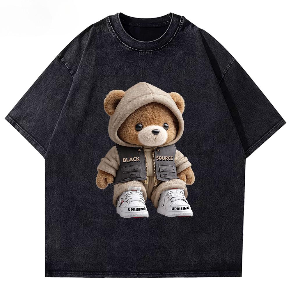 Washed Vintage Streetwear Teddy Bear Graphic T Shirt Stylish Bear Print Unisex Cotton Crew Neck Short Sleeve Casual Street Tee