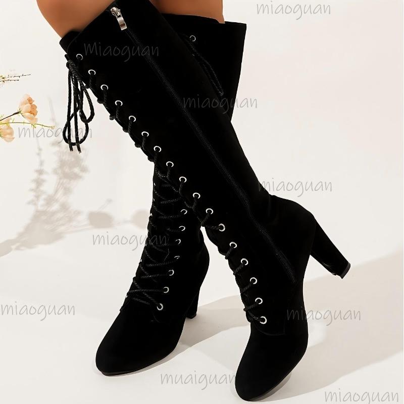 Taglie Forti 35-43 Stivali da Donna a Mezza Gamba in Pelle Scamosciata Marrone Zip Laterale Tacco Chunky Retro Tacco Alto Moda Autunno Inverno Al Ginocchio