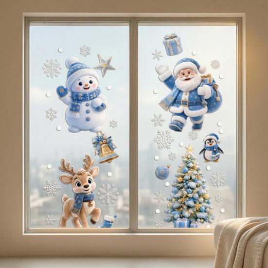 Transparent Holiday Glass Clings 4Pcs Christmas Static Window Clings, Blue Santa Snowman Reindeer Penguin Winter Wonderland Wall Decals Stickers,