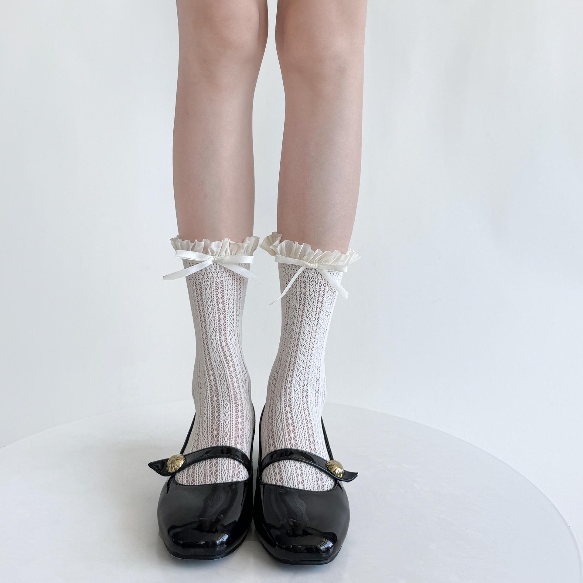 Vintage Milk White Mid-Calf Socks with Ruffled Edges & Bow - Sweet Style Hollow Jacquard Design