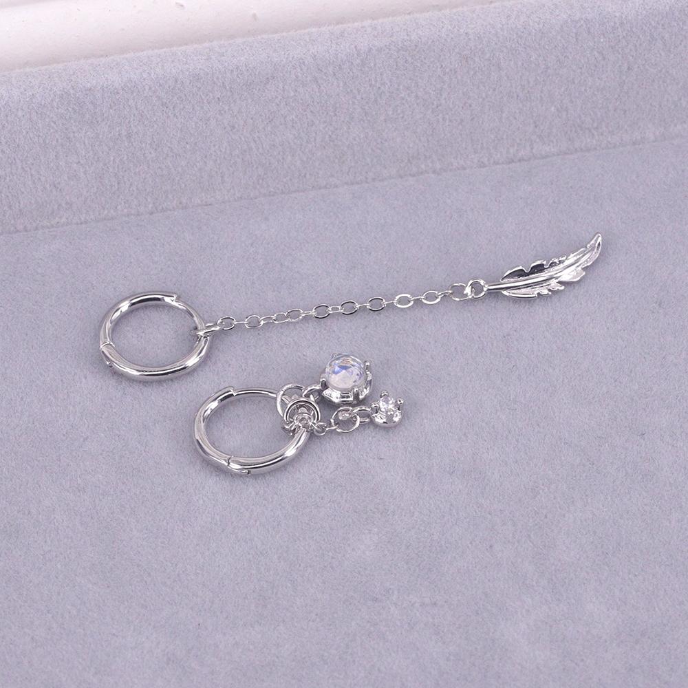 925 Silver Asymmetric Feather Earrings White Moonstone Pendant Earrings Ladies Gifts Handmade Jewelry