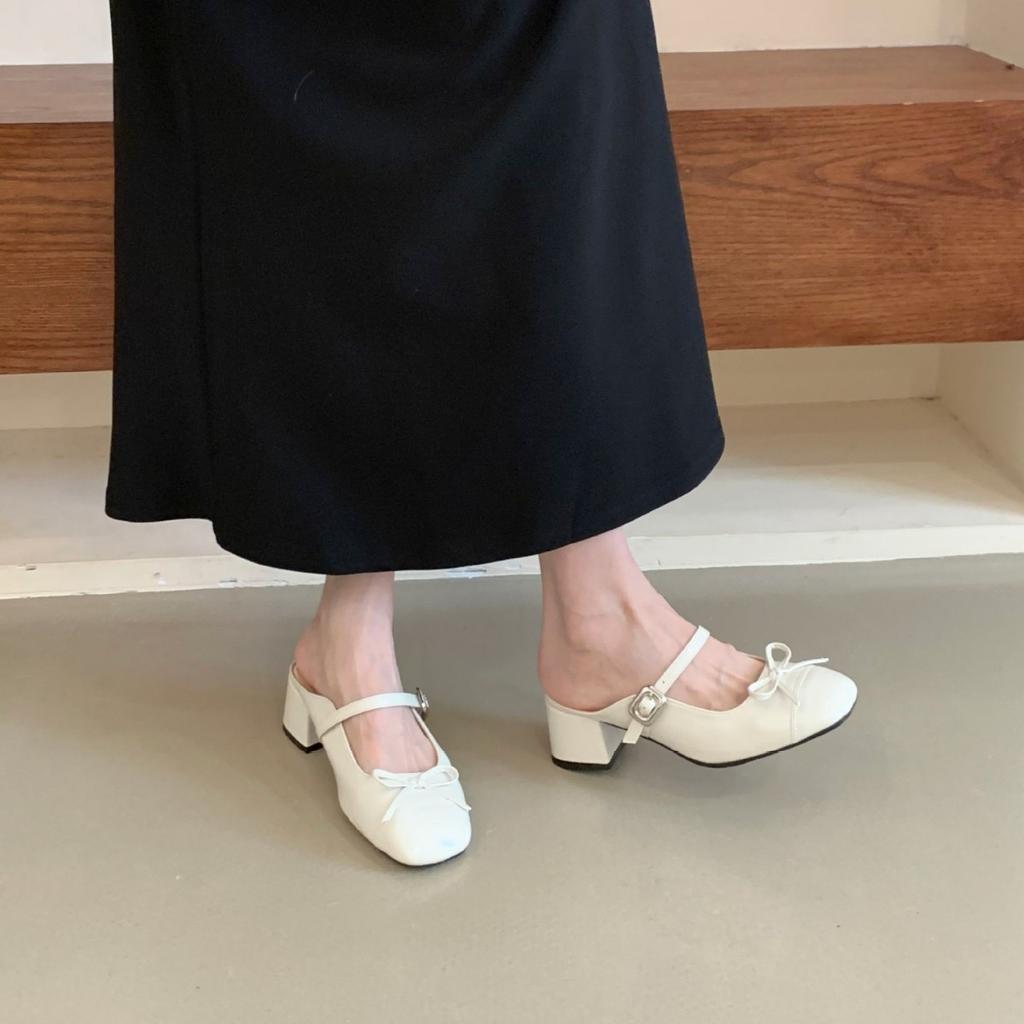 2025 autumn and winter new round head bow with thick middle heel outer wear OL Mary Jane women's half drag