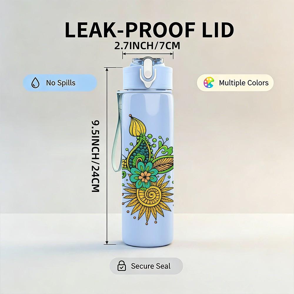 1PC Peacock Floral Mandala Print 750ml Color Plastic Sports Water Bottle Leakproof Flip Straw Lid Suitable for Sports Office Home Use