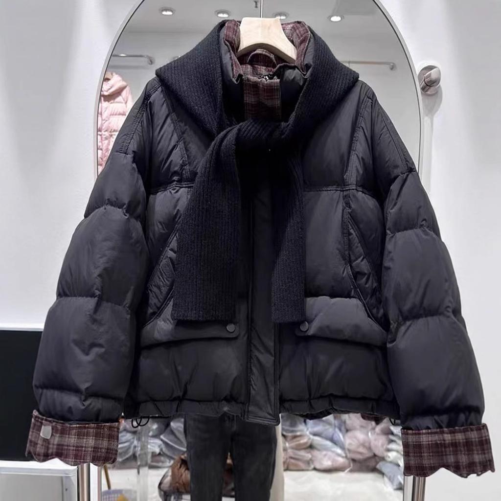 Premium stand-up collar short down jacket women's winter retro plaid splicing thickened knitted hat bread jacket
