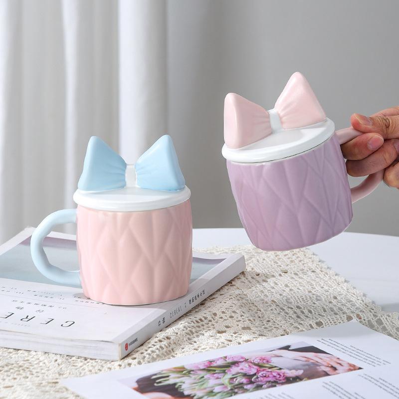 Matte Schleife Tasse Stil Keramiktasse Hochwertige Tasse mit Deckel Wasserbecher Geschenkbox für beste Freundin Tasse