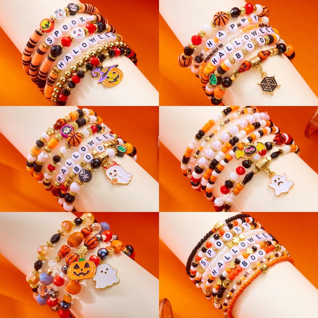 New Creative Pumpkin Skull Ghost Spider Bracelets Set for Women Handmade Polymer Clay Beads Stackable Bracelet Halloween Jewelry