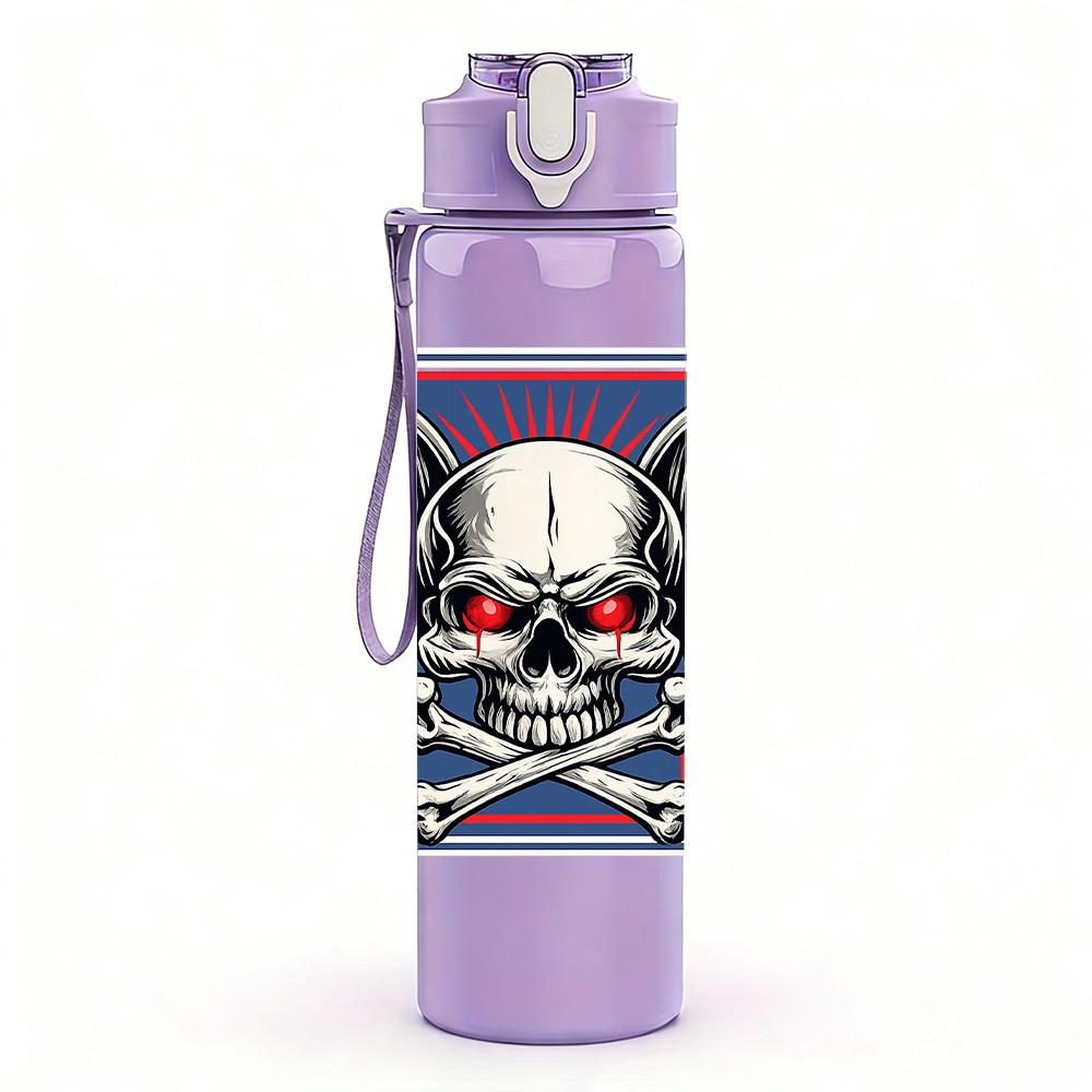 1PC Skull Mask Helmet Biker Theme Print 750ml Color Plastic Sports Water Bottle Leakproof Flip Straw Lid Suitable for Sports Office Home Use
