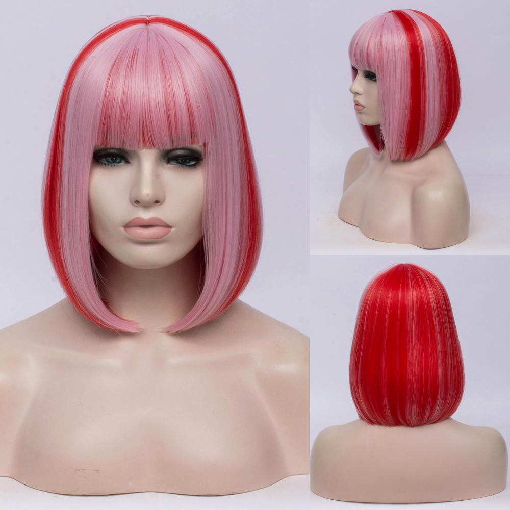 MSIWIGS Two Tones Bobo Cosplay Wigs Women Pink Blue Mixed Straight Wig with Bangs Short Synthetic Hair