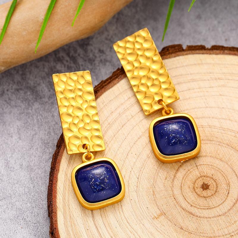 Boho Lapis Lazuli Square Shape Drop Dangle Earrings Retro Style Golden Women'S Jewelry