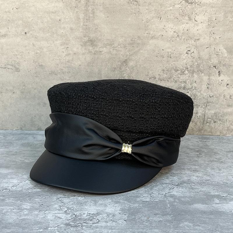Универсальная остромодная беретка женская с бантом, кожаной вставкой, твидовая кепка, кепка-газетчик M（56-58cm）
