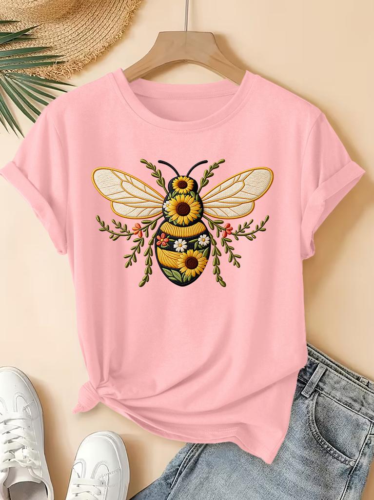 Bee Sunflower Print  Spring Summer Newest Women's Round Neck Imitation Style Bee Sunflower Print Short Sleeved Harajuku T-Shirt