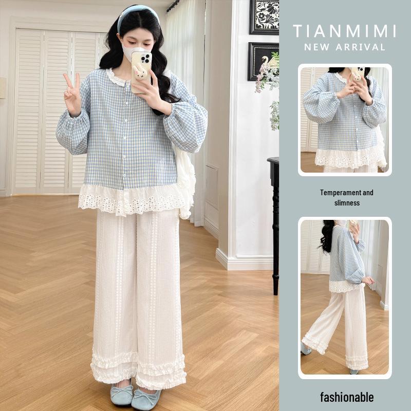 2026 Fresh Blue Plaid Lace Shirt & Textured White Pants Set M