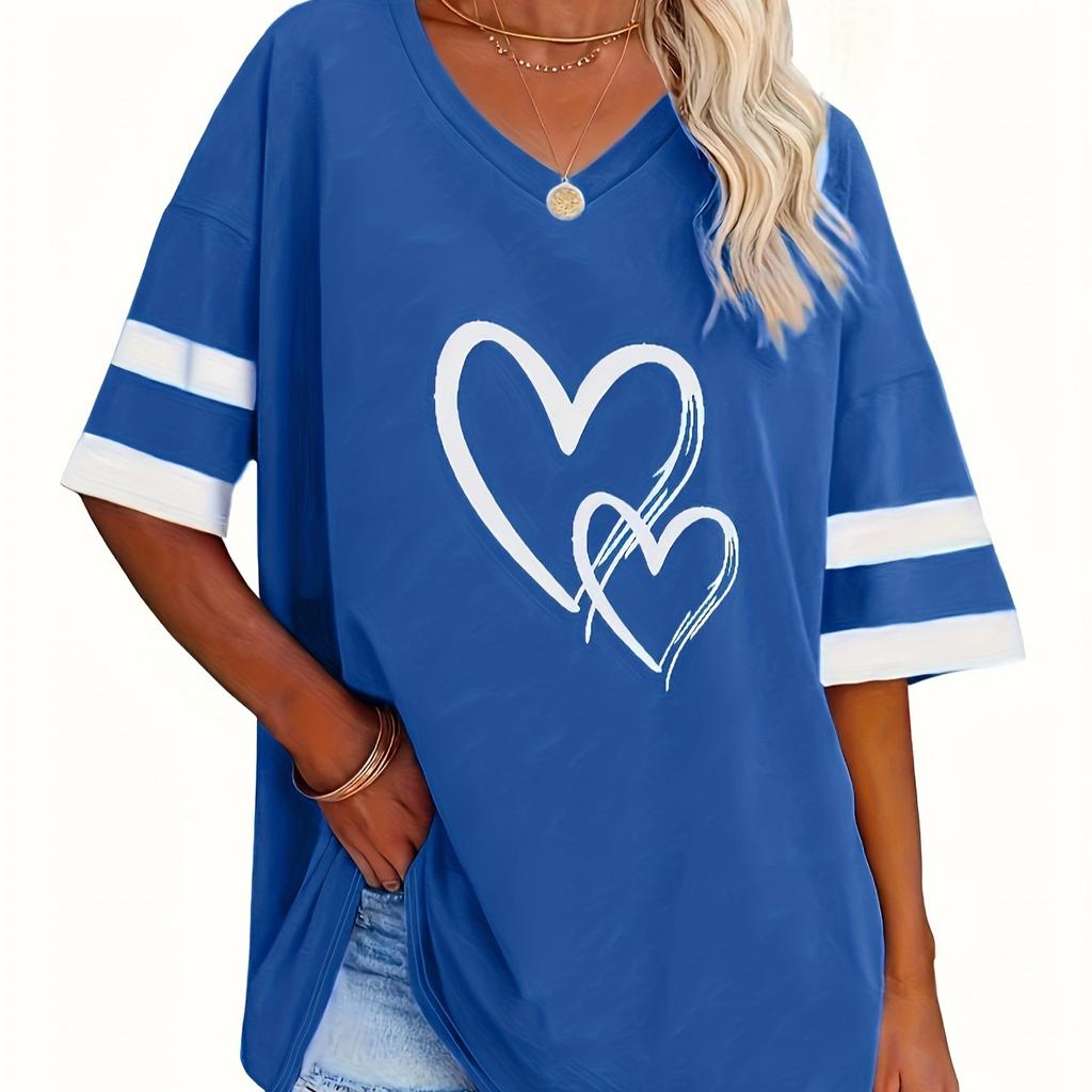 Spring and Summer New Love V-neck Printed Short Sleeved T-shirt for Women, Slimming, Breathable and Fashionable