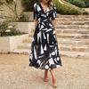 Damen Sommer V-Ausschnitt Maxikleid Lässiges Boho Blumenmuster Lange Kleider Kurze Puffärmel Fließendes Strandkleid Hochzeitsgästekleid