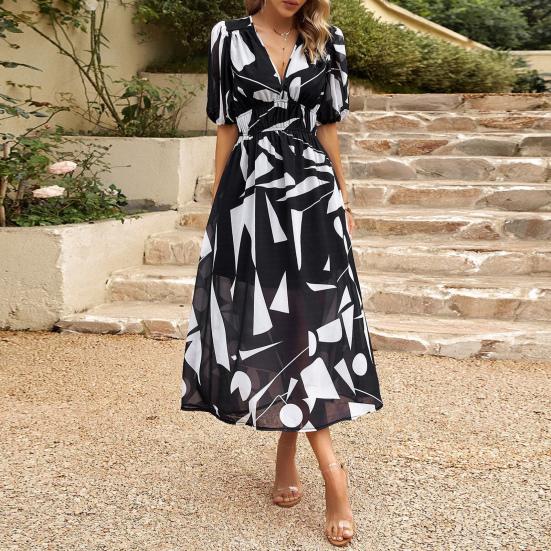 Damen Sommer V-Ausschnitt Maxikleid Lässiges Boho Blumenmuster Lange Kleider Kurze Puffärmel Fließendes Strandkleid Hochzeitsgästekleid