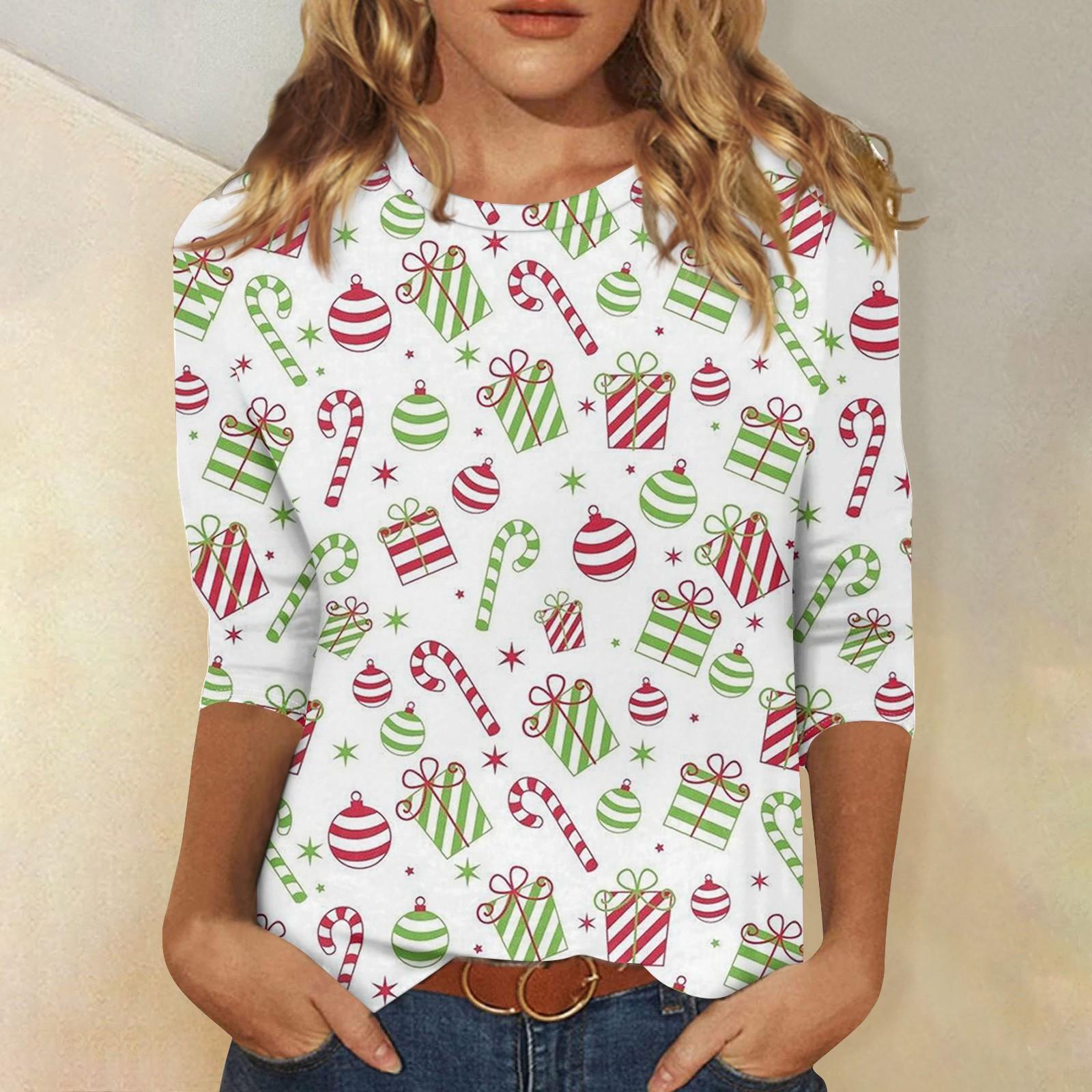 

Женская модная повседневная футболка с круглым вырезом и рождественским принтом, семь рукавов XXL