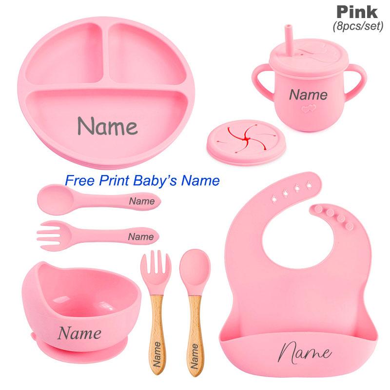 8Pcs Silicone Tableware Set Personalized Name Logo Baby Feeding Set Spoon Fork Suction Cup Bowl Silicone Dinner Plate For Kids