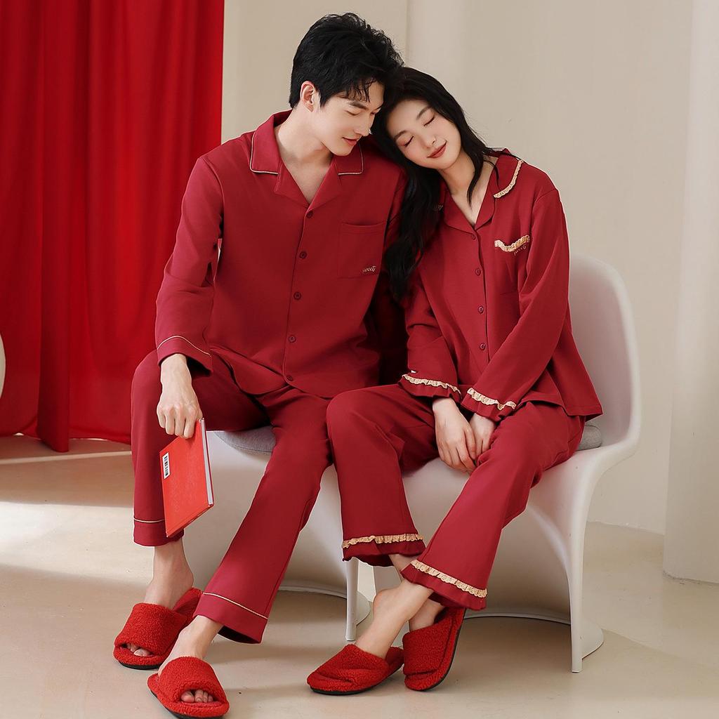 Red Year of the Rat Pajama Set for Couples: Long Sleeve Cardigan, Festive Spring/Autumn Pure Cotton Home Wear