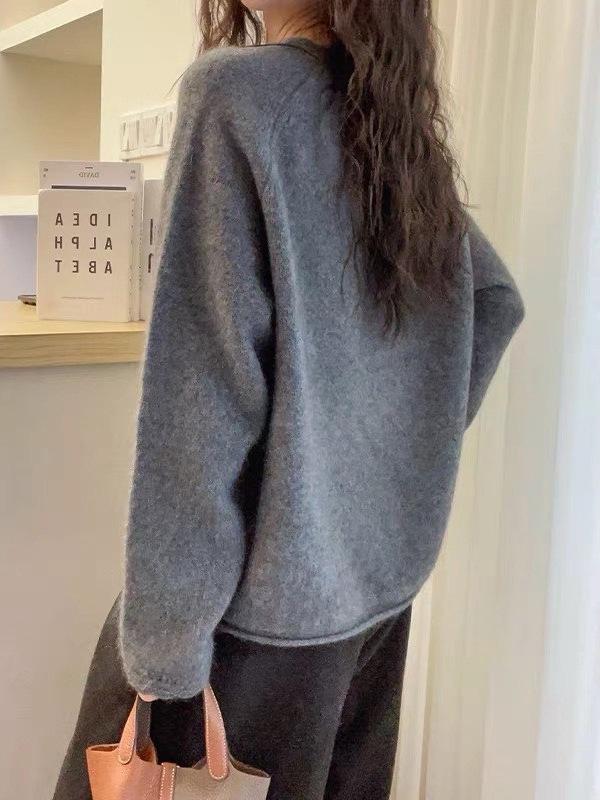 Women's Thickened Lace Collar Wool Sweater - 100% Pure Wool, Autumn/Winter Round Neck, Stylish Loose Knit Top
