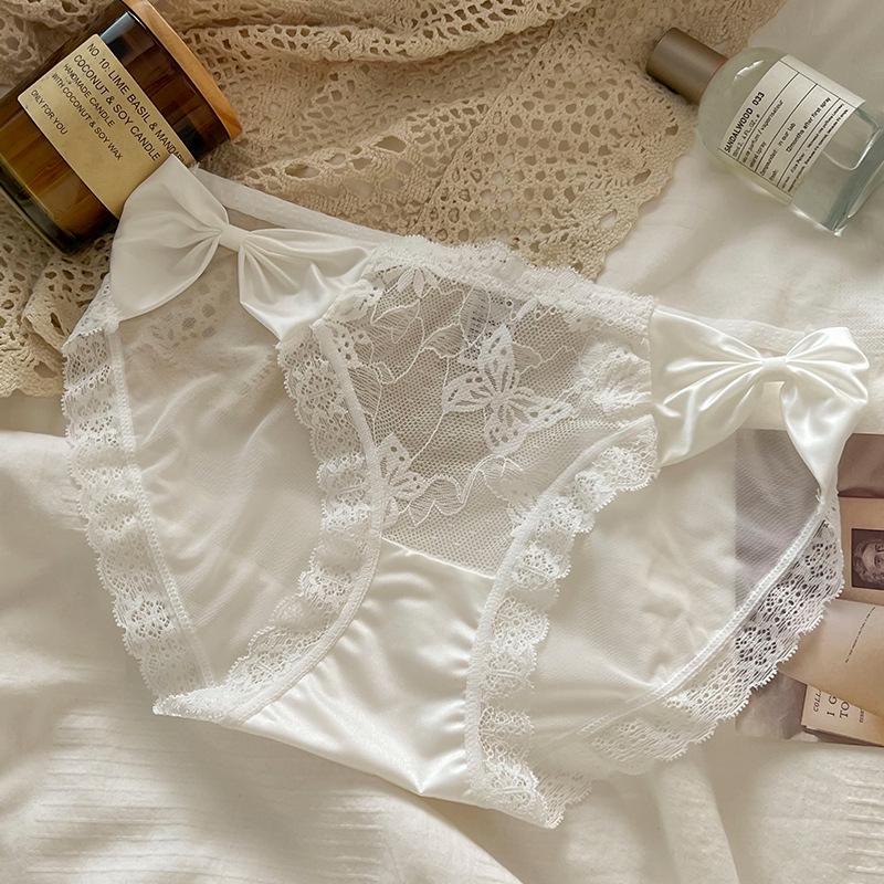 French Lace Trim Mid-Waist Women's Panties - Comfortable Bow Design, Translucent Triangle Style