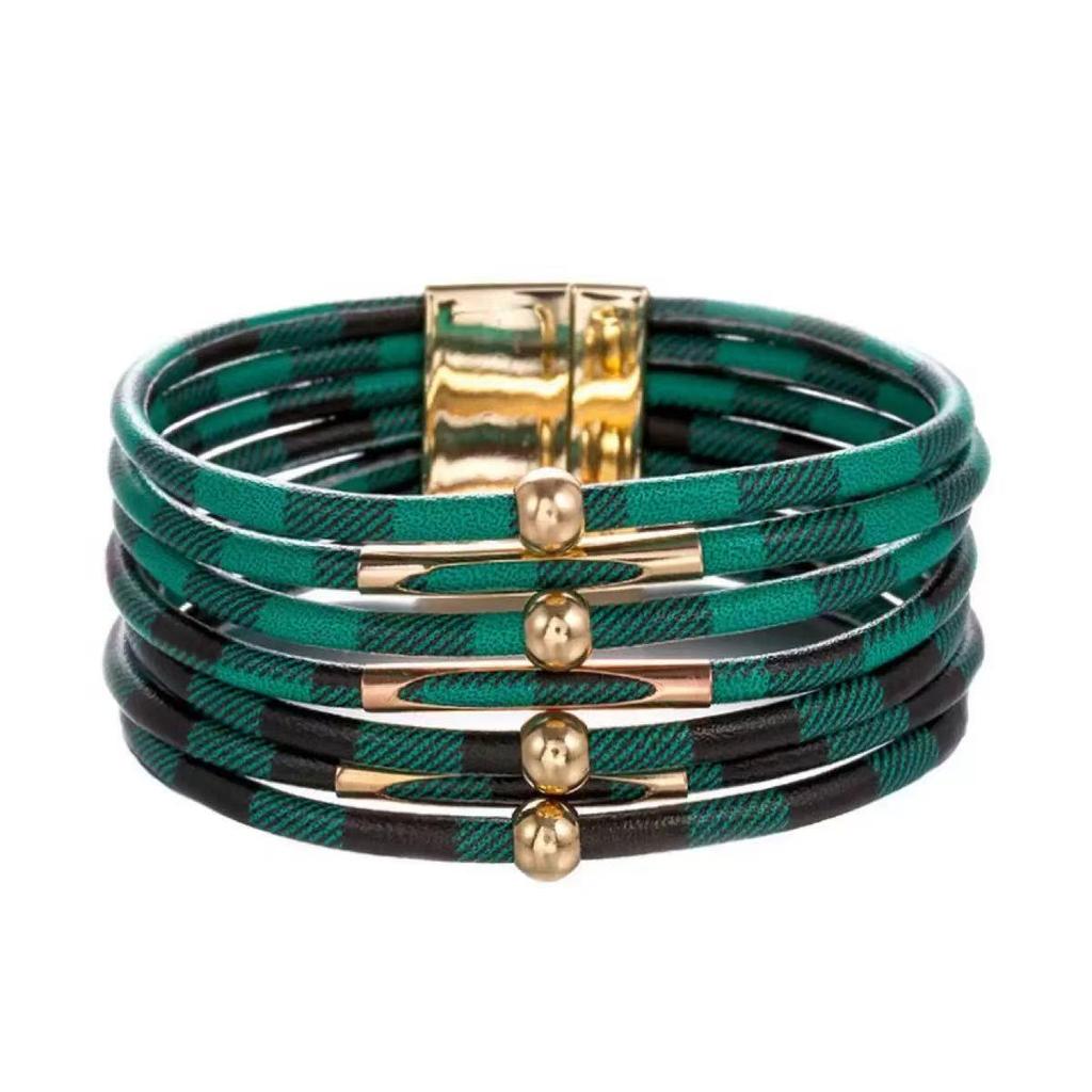 Leopard Print Magnetic Buckle Leather Bracelet: Alloy Beaded Cord with Copper Tube