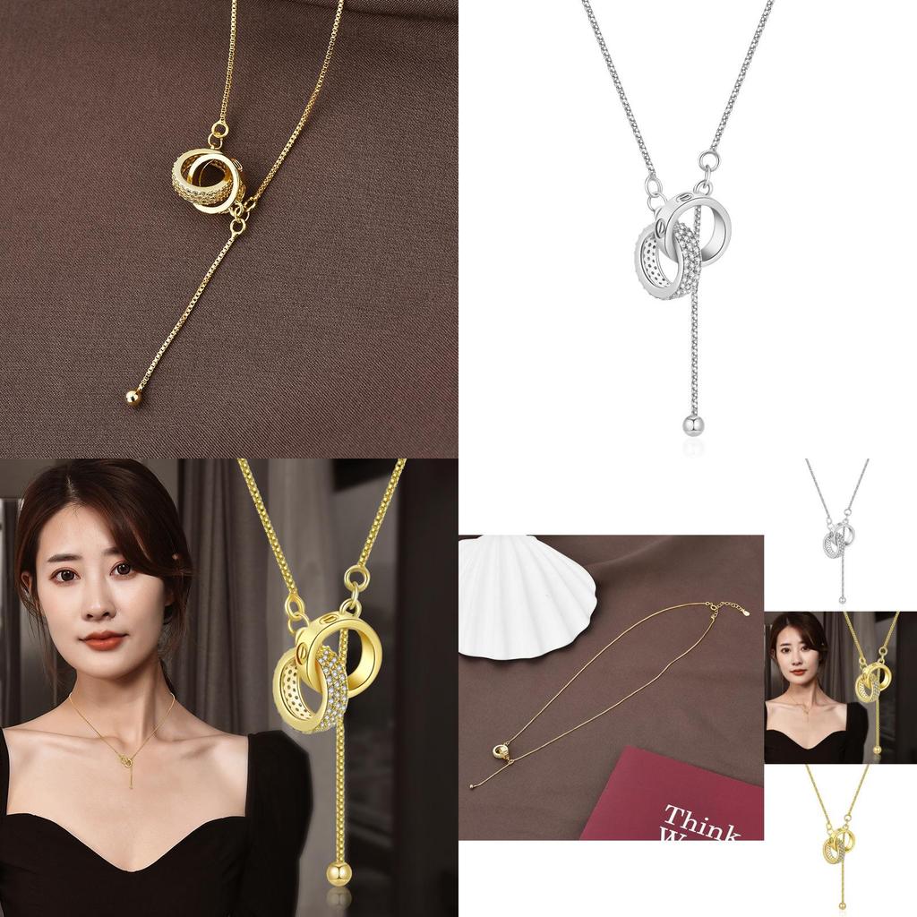 Elegant Gold And Silver Geometric Double Ring Necklace With Sparkling Rhinestones