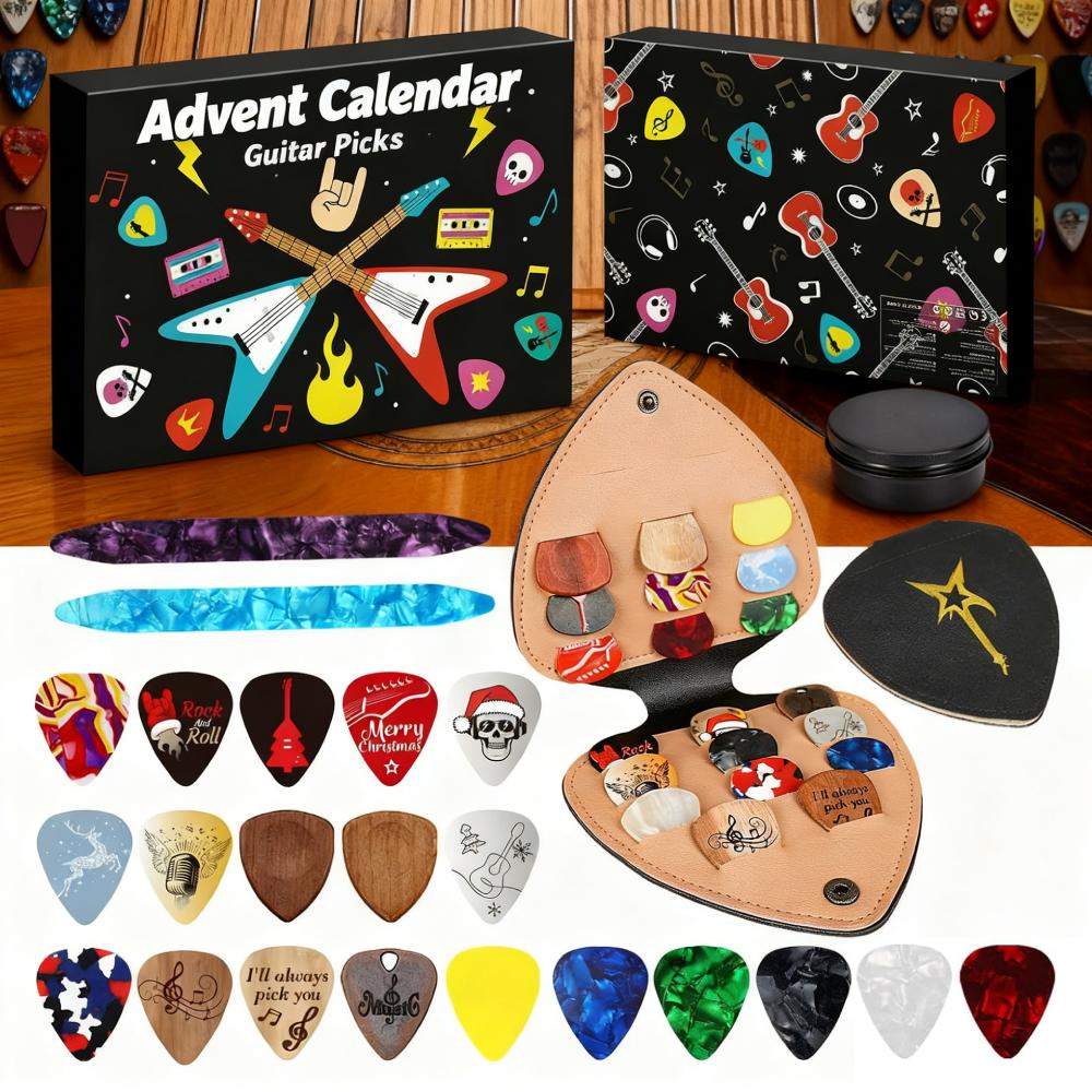 Guitar Picks Musical Countdown Calendar 2025 24 Days Surprises Gift Box Celluloid/Wood Picks Gift for Guitar Bass