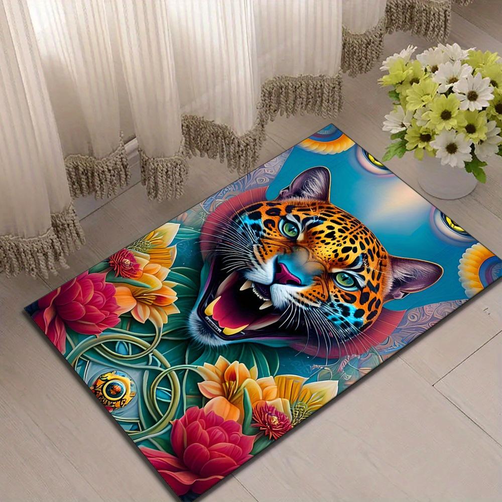 Vibrant Leopard Print Area Rug – Colorful Floral & Tiger Design, 800g/m² Crystal Velvet, Large Siz Perfect for Li
