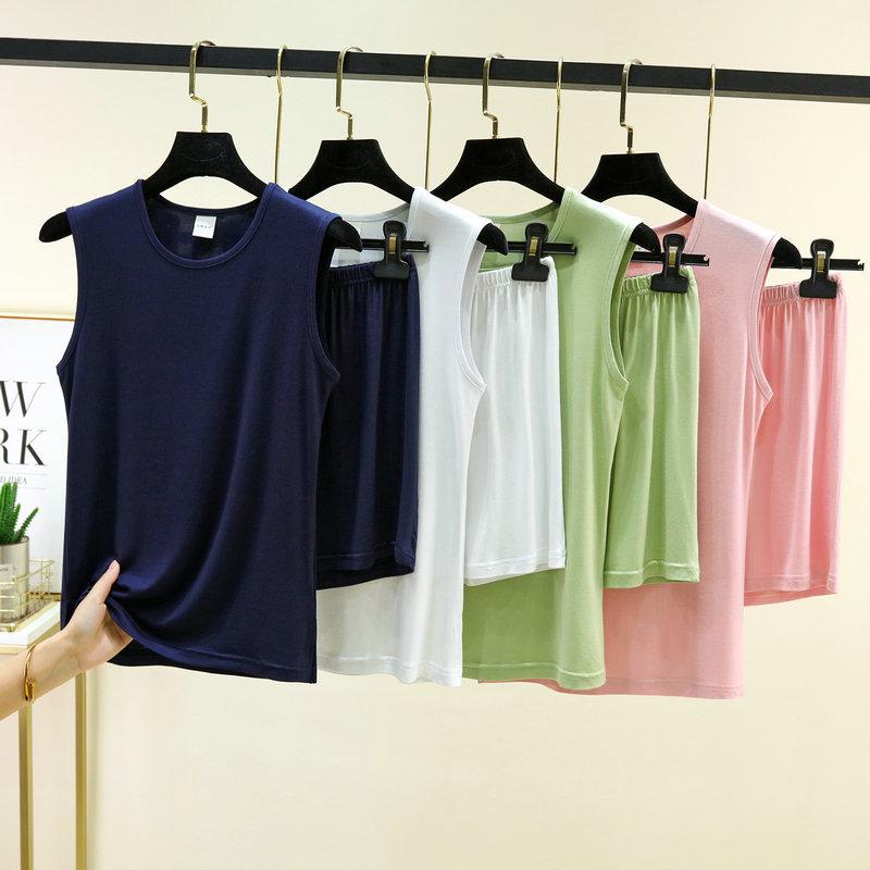 Summer Loose Pajama Set Sleeveless Tank Top & Shorts 2 Piece Set For Women Solid Color Basic Layering Loungewear Homewear Suits