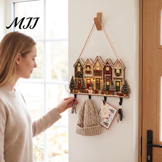 Key Hanger for Wall 2D Flat Christmas Wooden Rack, Hanging Holder with 4 Storage Entrance Hooks, Holiday Plaque Rope Home Decor