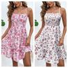Women Floral Print Spaghetti Strap Dress Smocked Waist Casual Summer Mini Dress