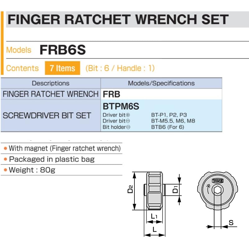 Tone Finger Ratchet Wrench Set FRB6S with Bit Set Inserts, Red, 7-Piece