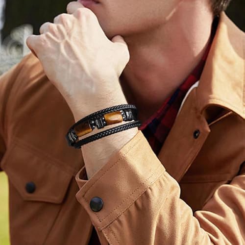 KNUIUYY Men's Tiger Eye Leather Bracelet Multi-Layer Braided Magnetic Clasp Gift for Dad
