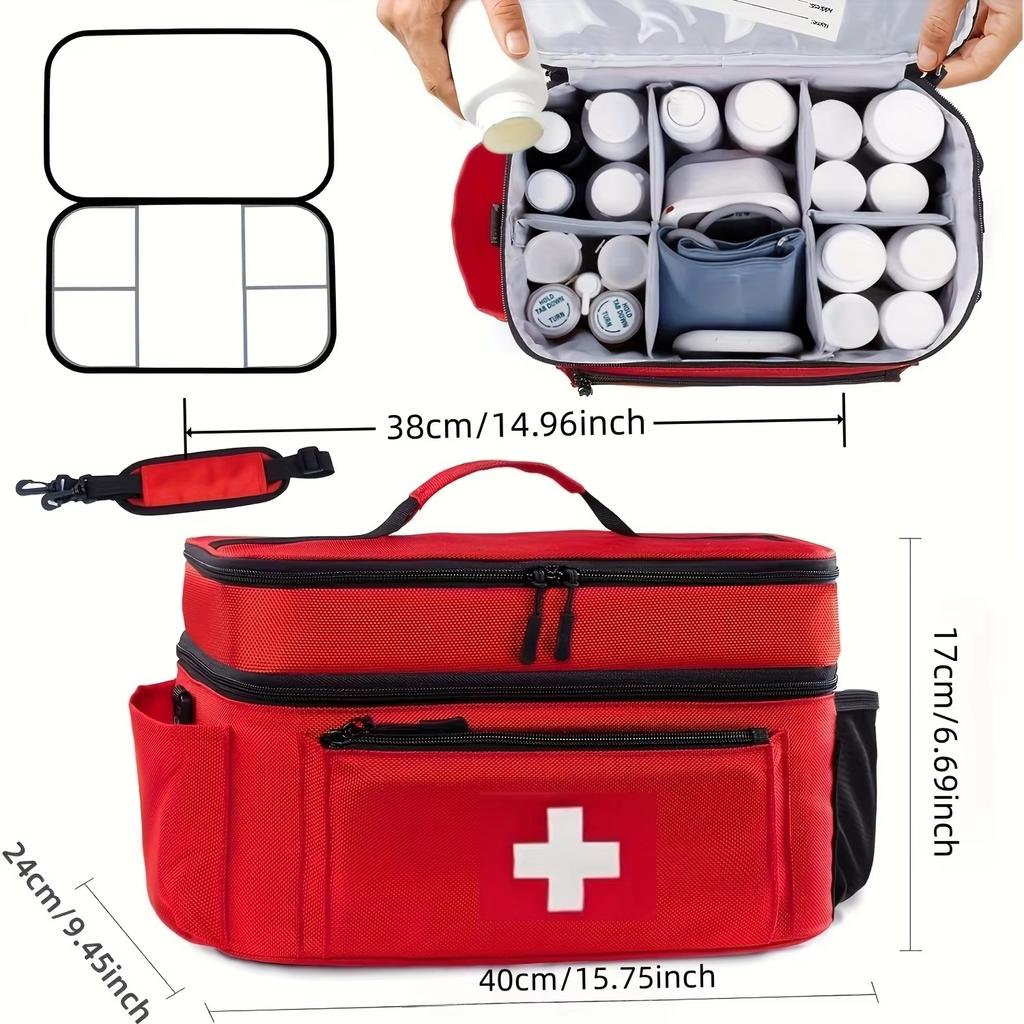 Travel-friendly dual-compartment first aid bag with large capacity, front organizer, and multiple carry styles