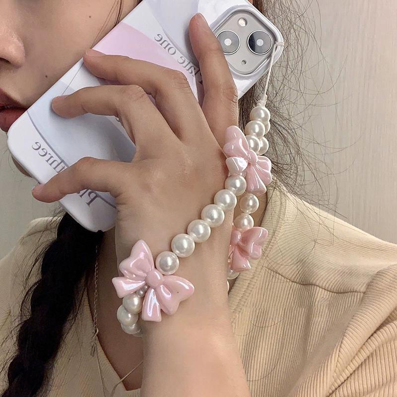 Lanț de telefon cu fundă de perlă roz Brățară anti-pierdere pentru husă pentru telefon mobil Curea de mână Ccd Lanț pentru telefon Lanț portabil