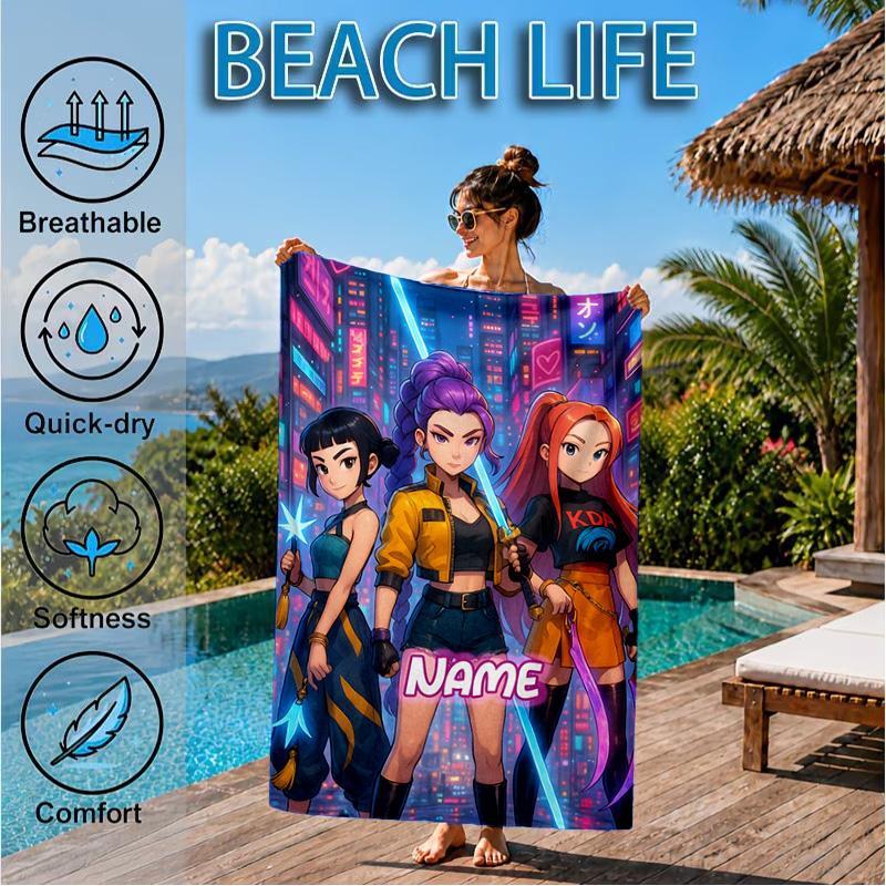 Custom Name KPop Cartoon Beach Towel Microfiber Beach Towel, Lightweight and Quick-Dry, for Summer Travel, Swimming Pool Gift