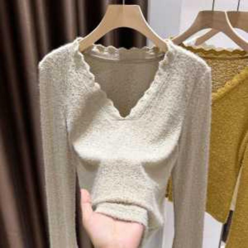 Women's Autumn Winter Soft Fleece V-Neck Lace Trim Long Sleeve Slim Fit Top