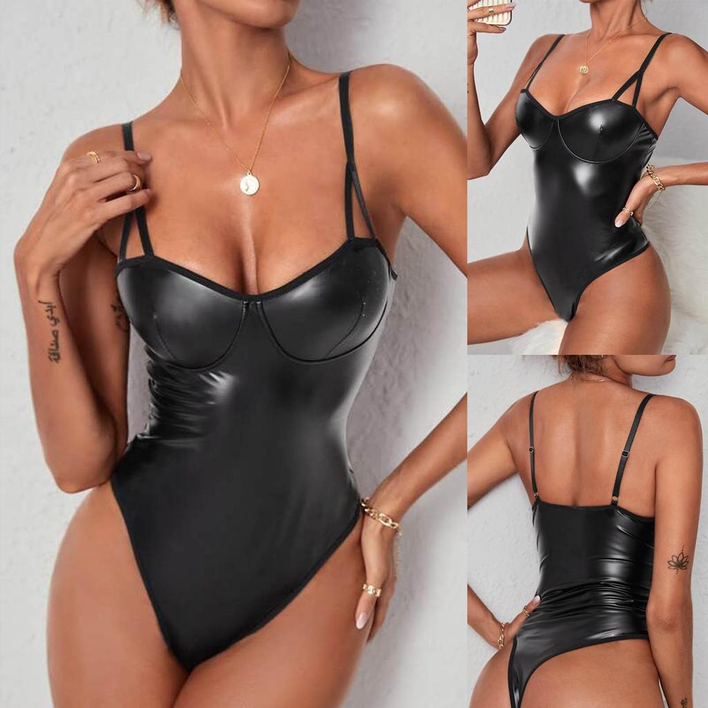 Women's Sexy Lingerie  Bodysuit Sling Open Back  Leather Bodysuit Set
