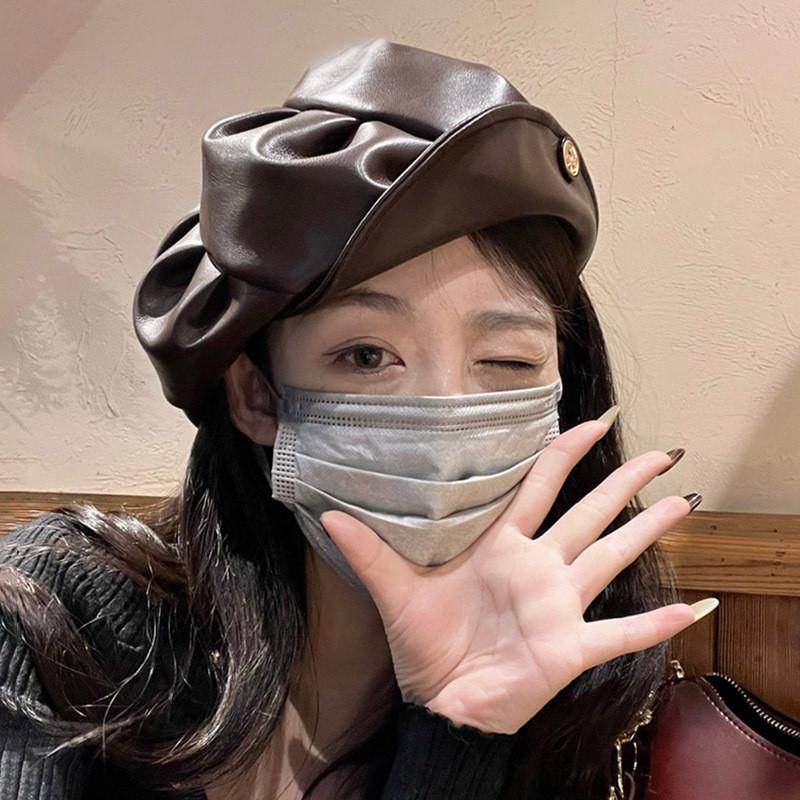 Pu Trendy Leather Beret For Women Vintage Style Sun Protection Cap Painter