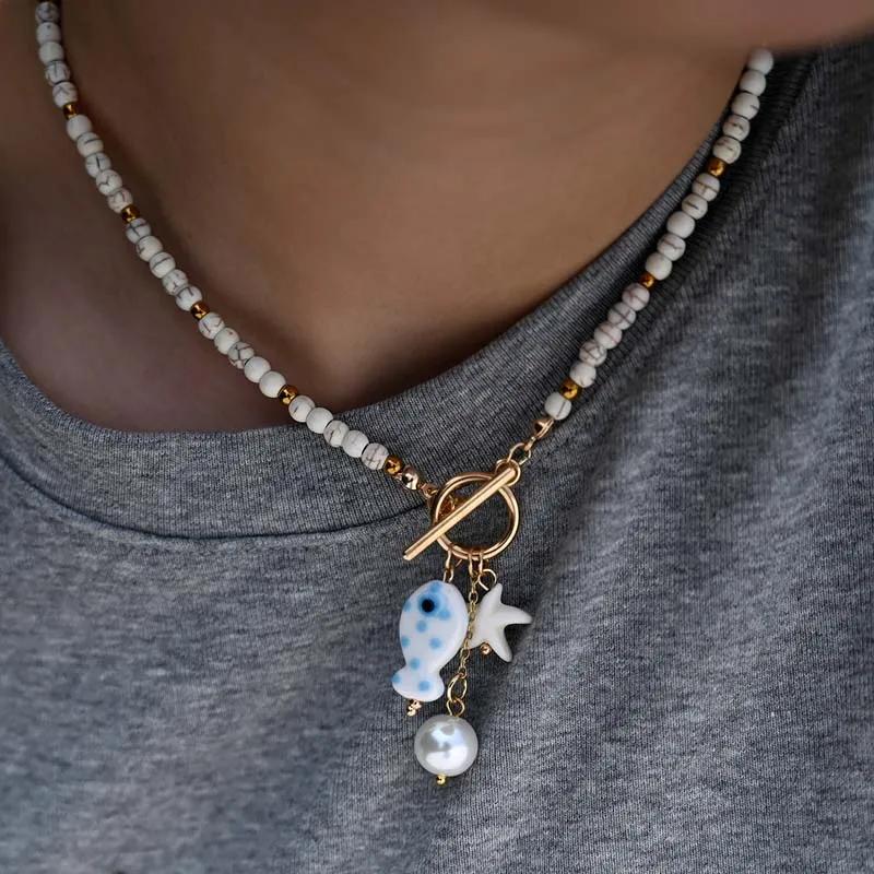 Fashion Ceramic Fish Pendant Necklaces for Women Girls Bohemian Colorful Beaded OT Chain Necklace Jewelry Accessories
